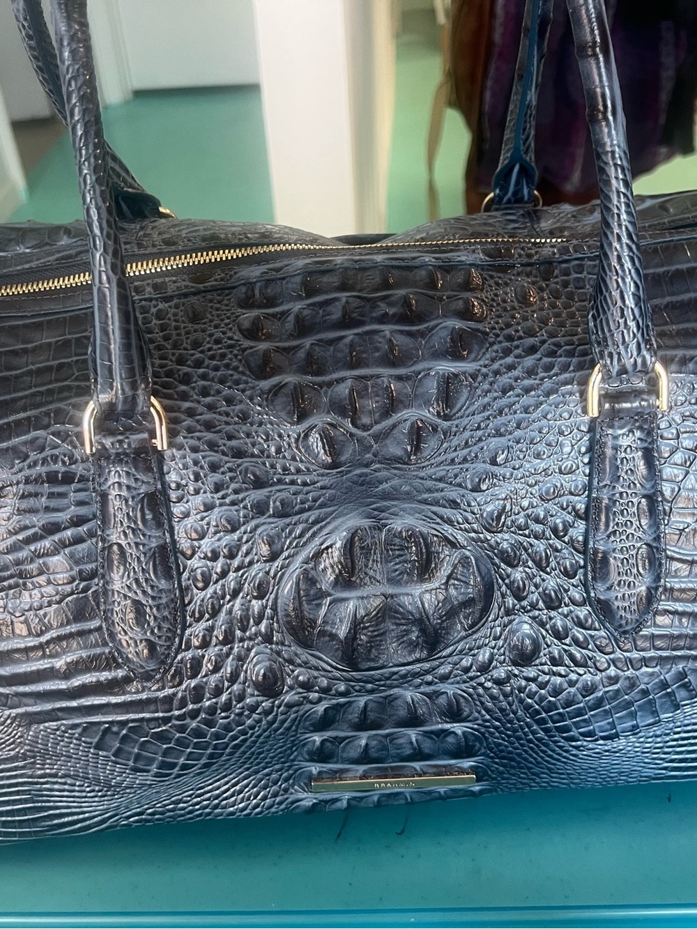 Blue croc -Embossed duffle Bag - Elegant Women's duffle bag with long strap.